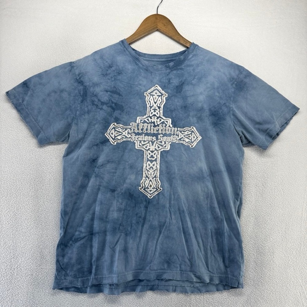 Affliction Shirt Mens Medium Blue Jealous Souls Cross Skulls Y2K Tie Dye Vintage